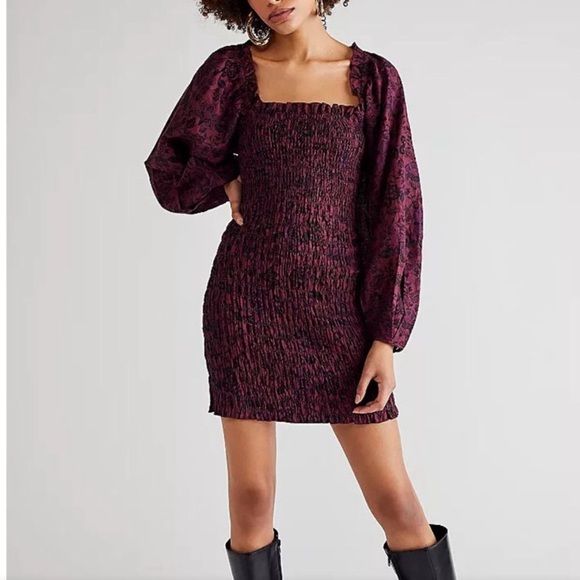 Free People Smock It To Me Puff Sleeves Mini Dress Hazelnut Combo Size Medium - Picture 2 of 16